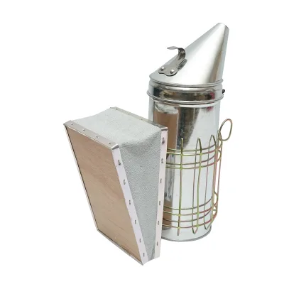 Affumicatore per api in acciaio galvanizzato con cilindro, scudo termico e soffietto in pelle, 230 mm - immagine 3