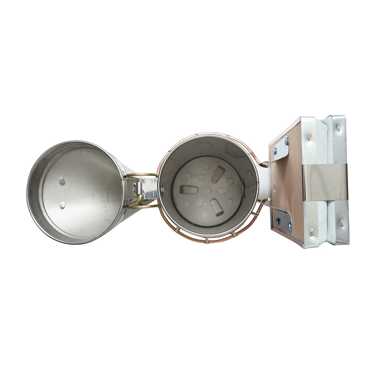 Affumicatore per api in acciaio inox con cilindro, scudo termico e soffietto in pelle, 160 mm - immagine 4