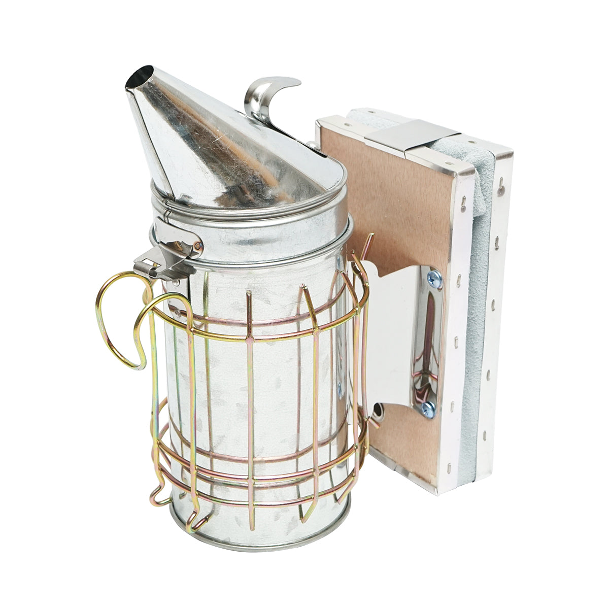 Affumicatore per api in acciaio inox con cilindro, scudo termico e soffietto in pelle, 160 mm. - immagine 4
