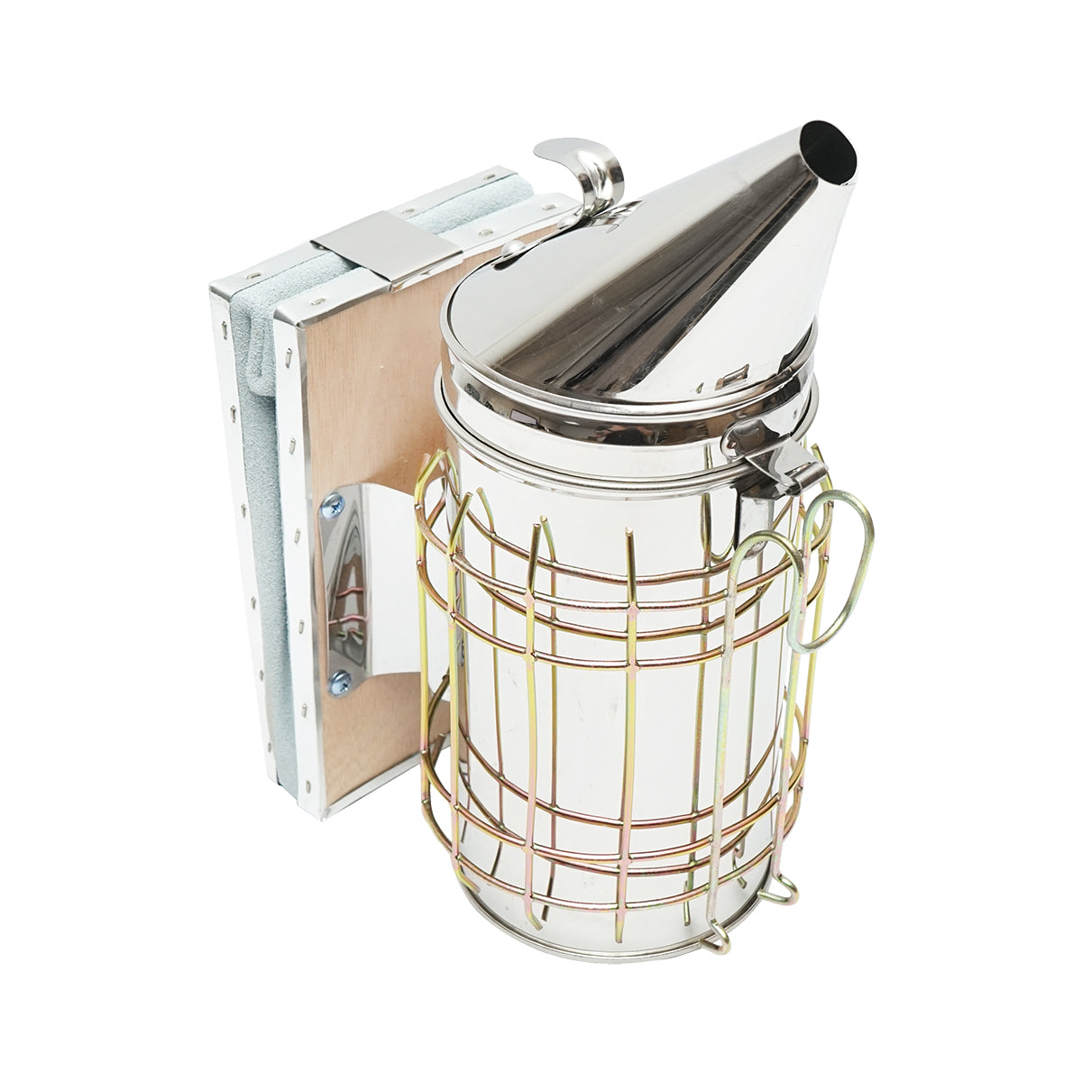 Affumicatore per api in acciaio inox con cilindro, scudo termico e soffietto in pelle, 190 mm - immagine 2