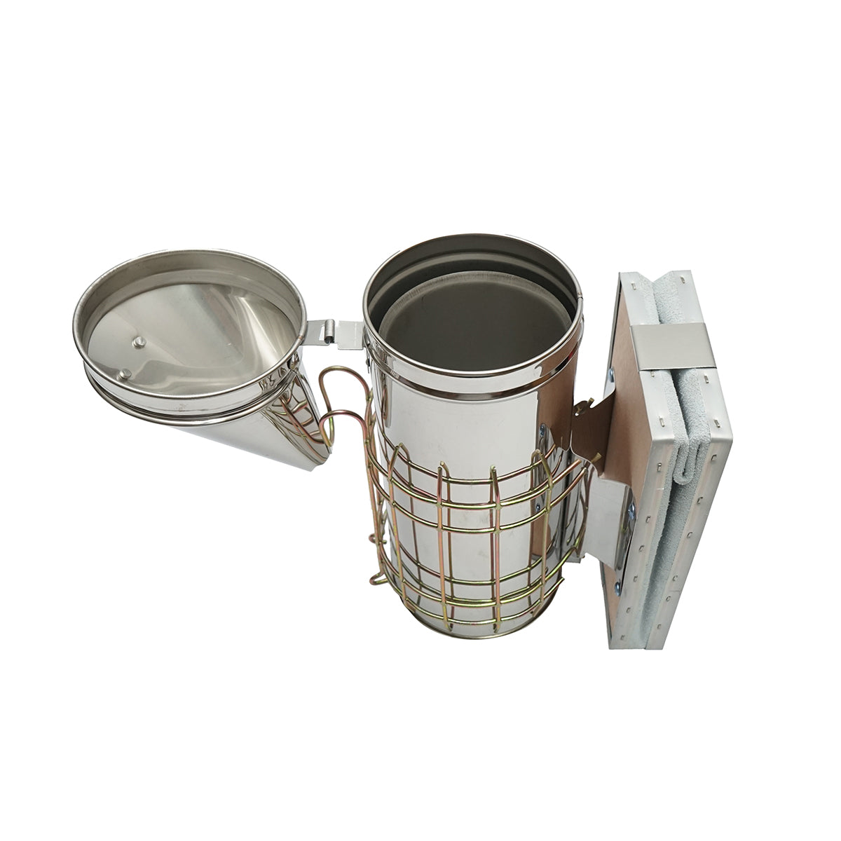 Affumicatore per api in acciaio inox con cilindro, scudo termico e soffietto in pelle, 230 mm - immagine 5