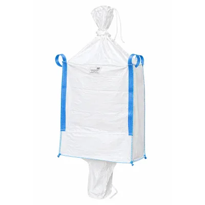 Big bag 95x95x120 cm bianco, capacità 1000 kg, tipo U-Panel non laminato, gonna di carico, tubo di scarico