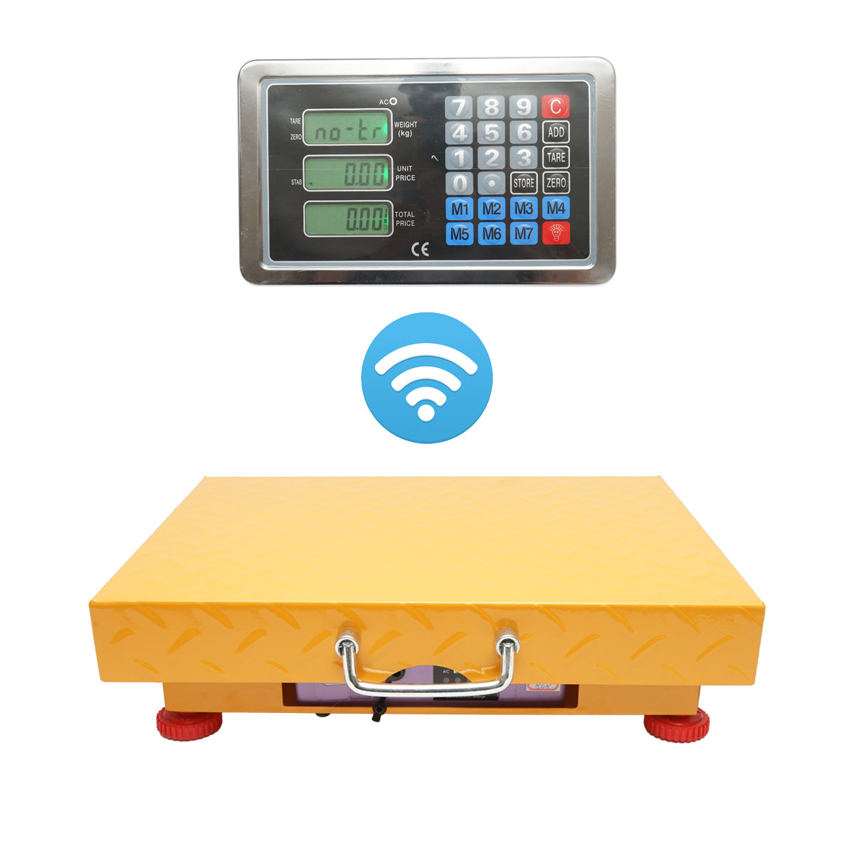 Bilancia elettronica da pavimento senza fili, tipo a piattaforma, 32x42 cm con display WiFi, portata massima 150 kg.