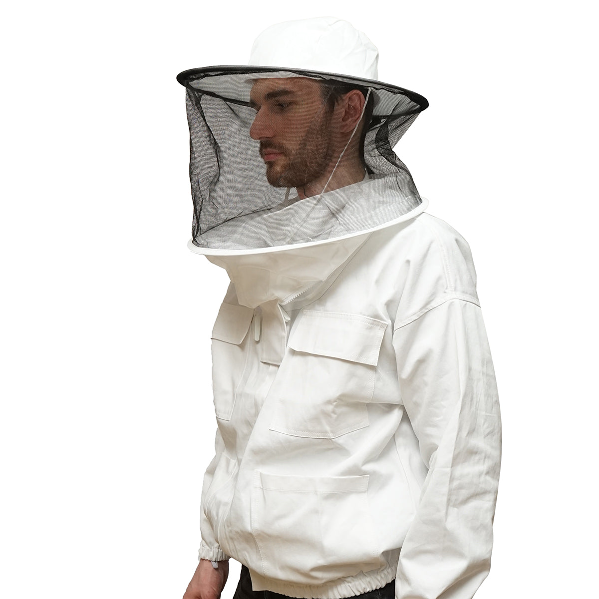 Camicetta apicola bianca con maschera protettiva, taglia XL.