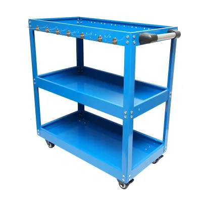 Carrello metallico su ruote con 3 ripiani e supporti per attrezzi 660x360x730mm