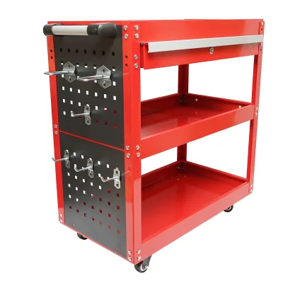 Carrello metallico su ruote con 3 ripiani, supporti e cassetto per attrezzi 660x360x730mm.
