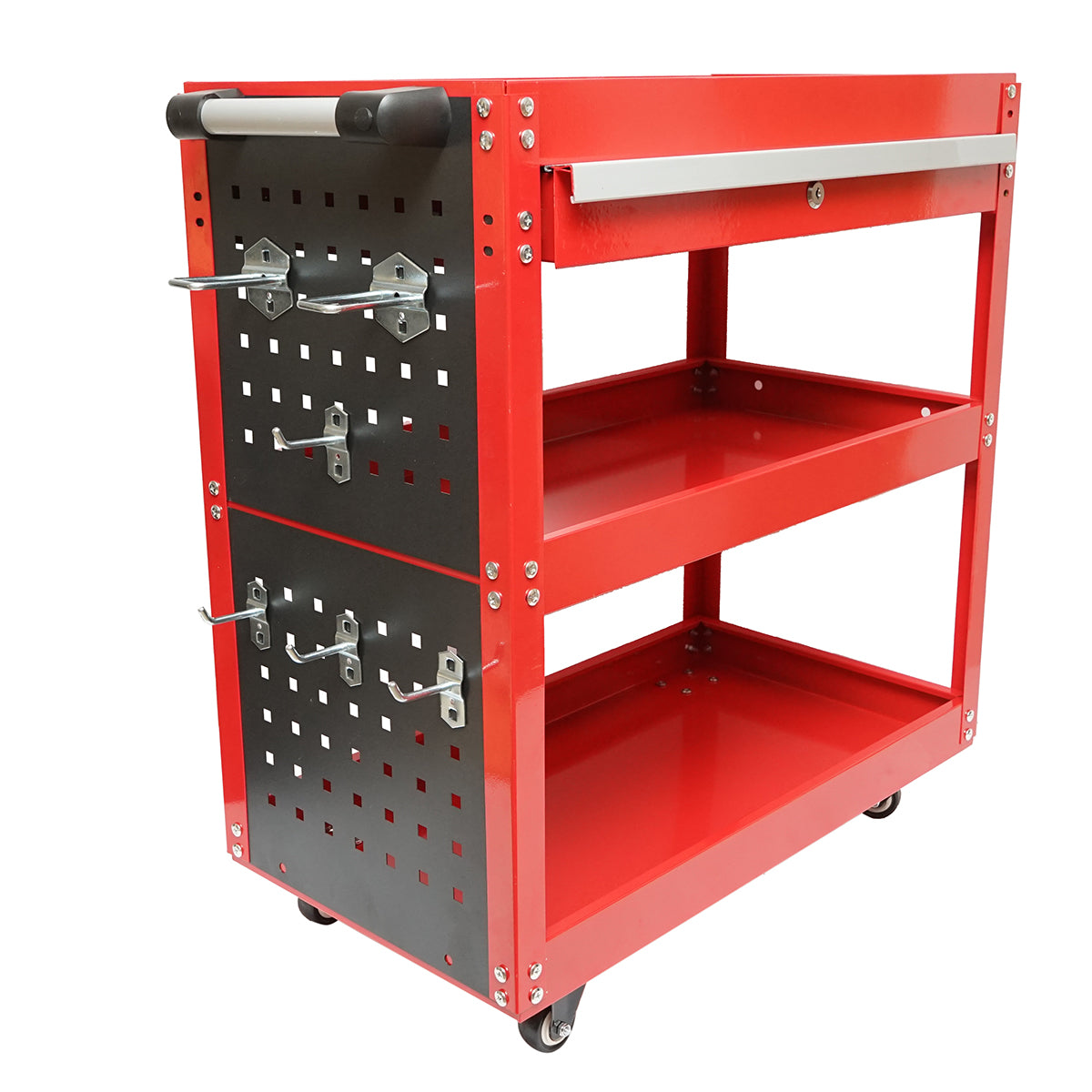 Carrello metallico su ruote con 3 ripiani, supporti e cassetto per attrezzi 660x360x730mm.