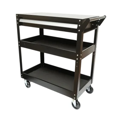 Carrello portautensili da officina in metallo su ruote con 3 ripiani e 1 cassetto, dimensioni 775x410x895 mm. Breckner Germany