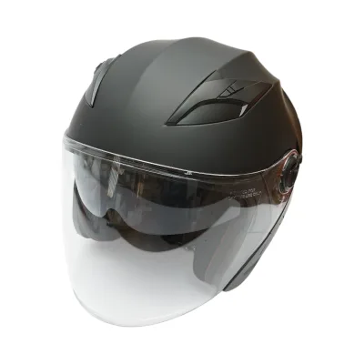 Casco da moto jet nero, modello urbano con visiera trasparente e occhiali da sole, taglia XL