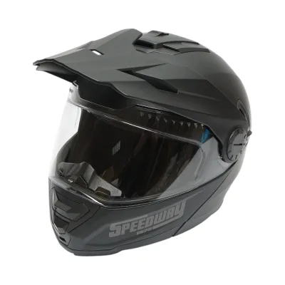 Casco integrale da motocross nero opaco con visiera trasparente e occhiali da sole, taglia L Lion