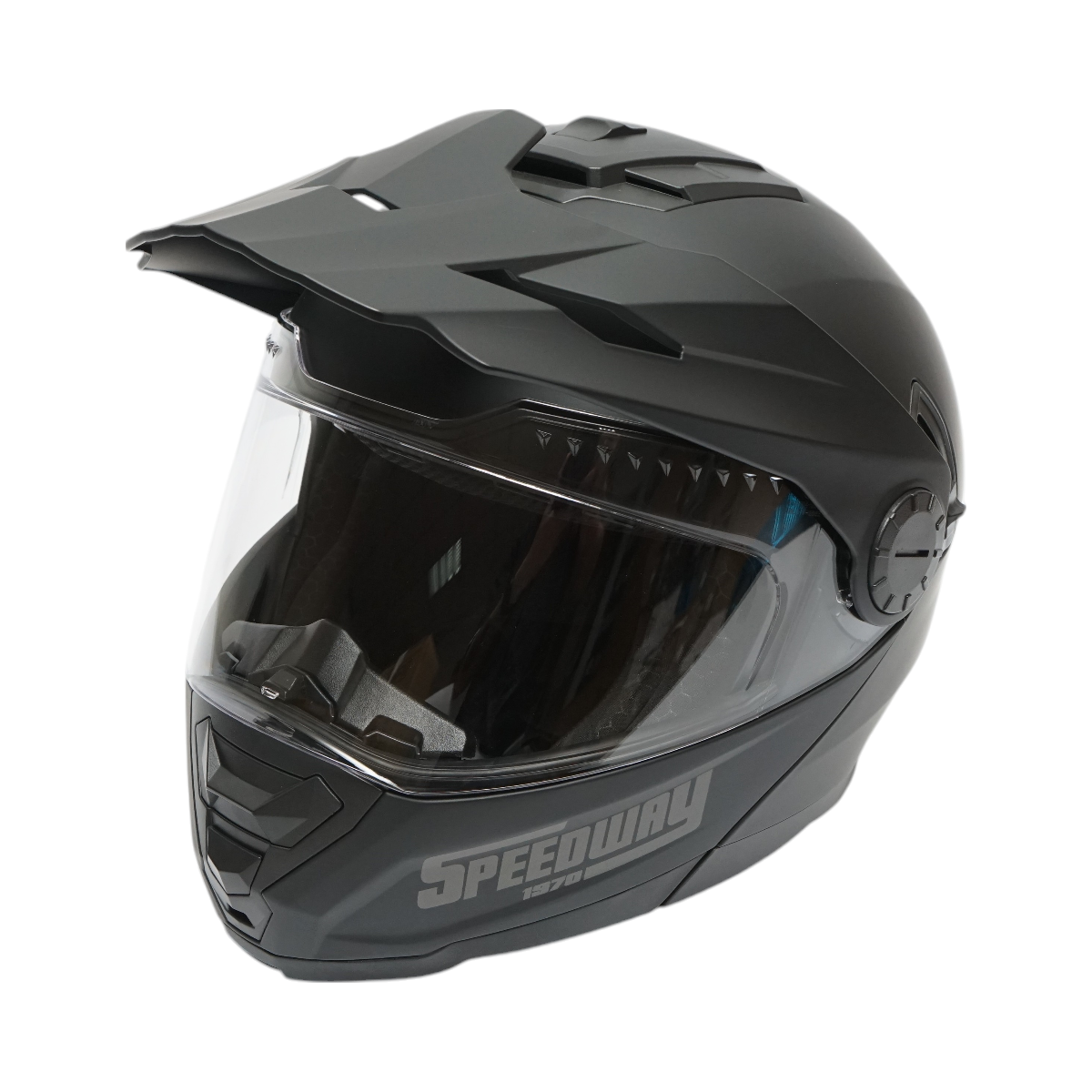 Casco integrale da motocross nero opaco con visiera trasparente e occhiali da sole, taglia L Lion