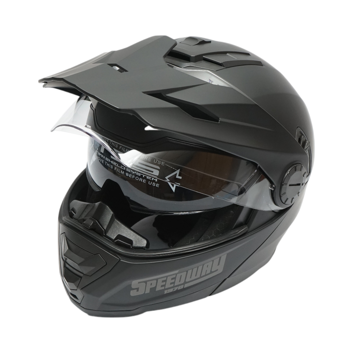 Casco integrale da motocross nero opaco con visiera trasparente e occhiali da sole, taglia L Lion - immagine 3