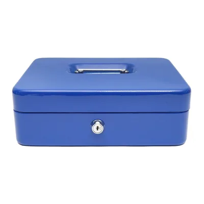 Cassetta di sicurezza in metallo con serratura e 2 chiavi, colore blu, dimensioni 250x200x90 mm.