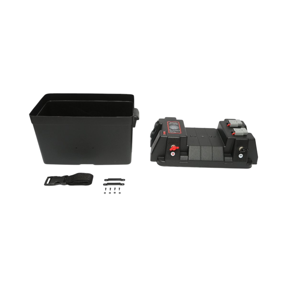 Cassetta per batteria auto 12V con voltmetro DC 6–36V, interruttore di circuito 16A, fusibile da 30A, 2 prese accendisigari, display LCD, 2 porte USB, 340 × 195 × 200 mm. - immagine 3