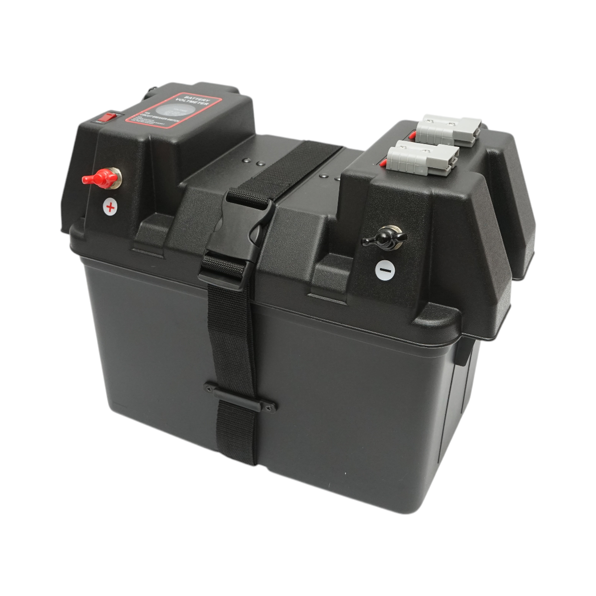 Cassetta per batteria auto 12V con voltmetro DC 6–36V, interruttore di circuito 16A, fusibile da 30A, 2 prese accendisigari, display LCD, 2 porte USB, 340 × 195 × 200 mm.