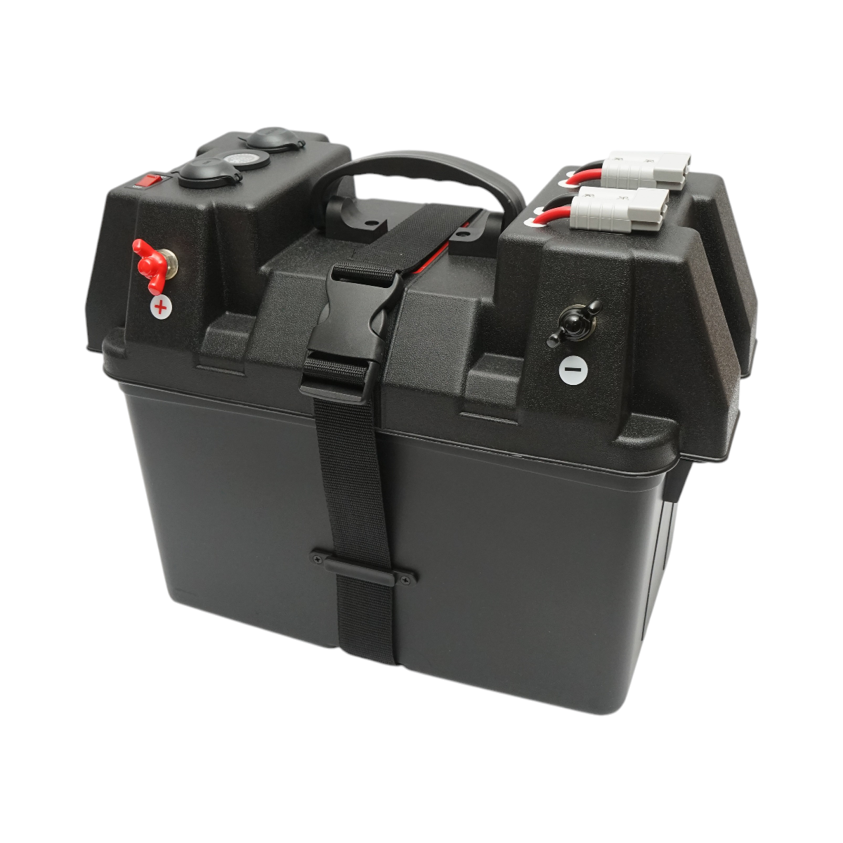 Cassetta per batteria auto 12V con voltmetro DC 6–36V, interruttore di circuito 16A, presa accendisigari, display LCD, 2 porte USB, 340 × 195 × 200 mm.