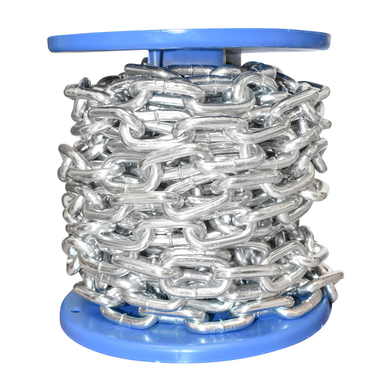 Catena elettrozincata 7,9x32,3x30mm DIN5685A 10m/rotolo tamburo di plastica