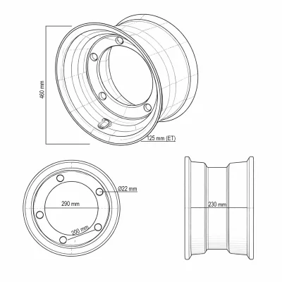 Cerchio anteriore per JCB 3CX e JCB 4CX 9x18, 5x200 mm, ET125, foro centrale 290 mm. - immagine 6