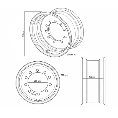 Cerchio posteriore per i modelli 3CX e 4CX di JCB 16x26, 10x100 mm, ET215, foro centrale 290 mm - immagine 6