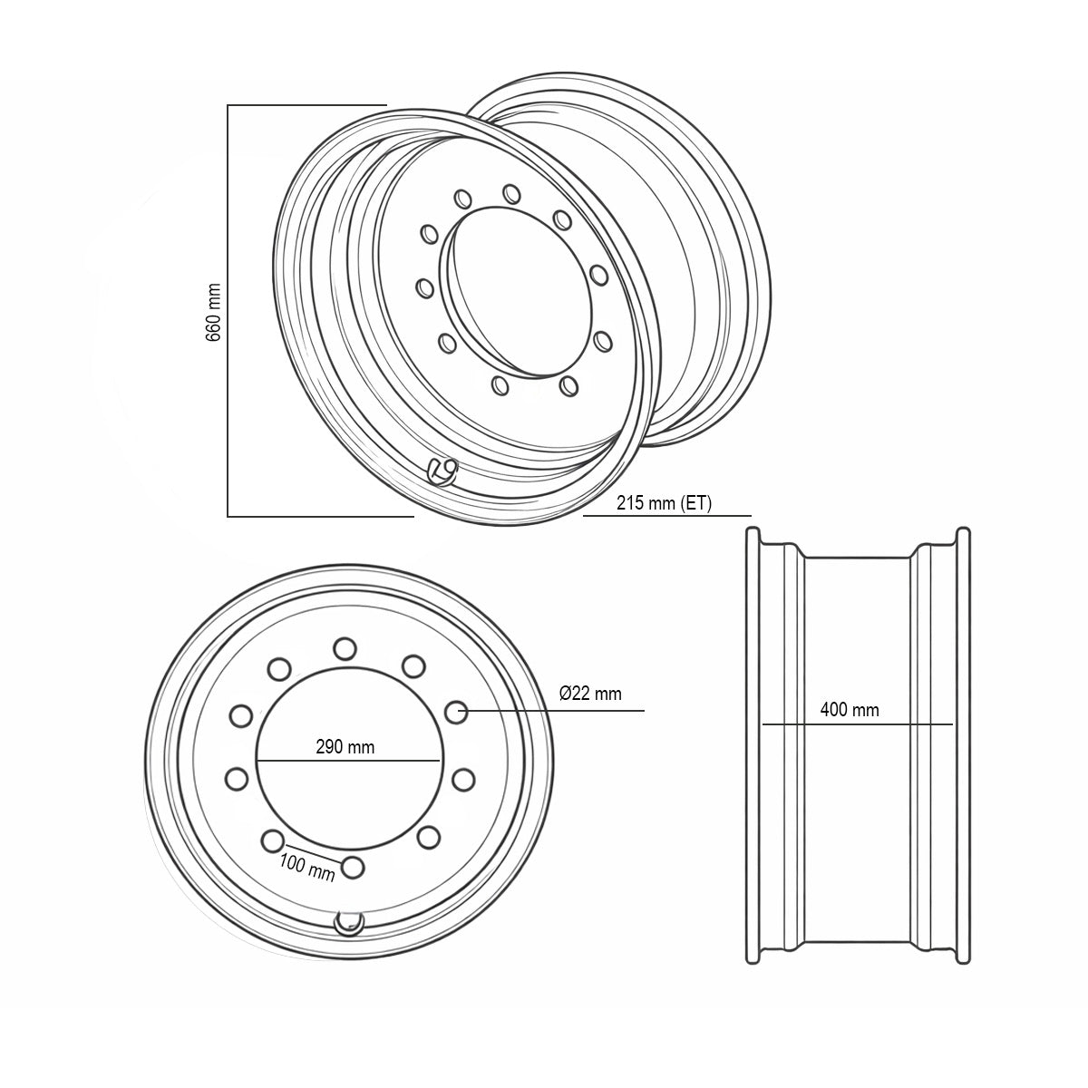 Cerchio posteriore per i modelli 3CX e 4CX di JCB 16x26, 10x100 mm, ET215, foro centrale 290 mm - immagine 6