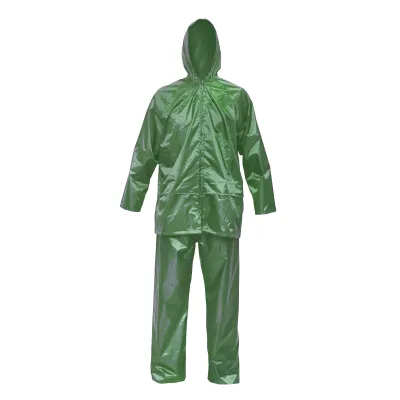 Completo impermeabile taglia L con cappuccio e pantaloni in poliestere e PVC, verde Breckner Germany