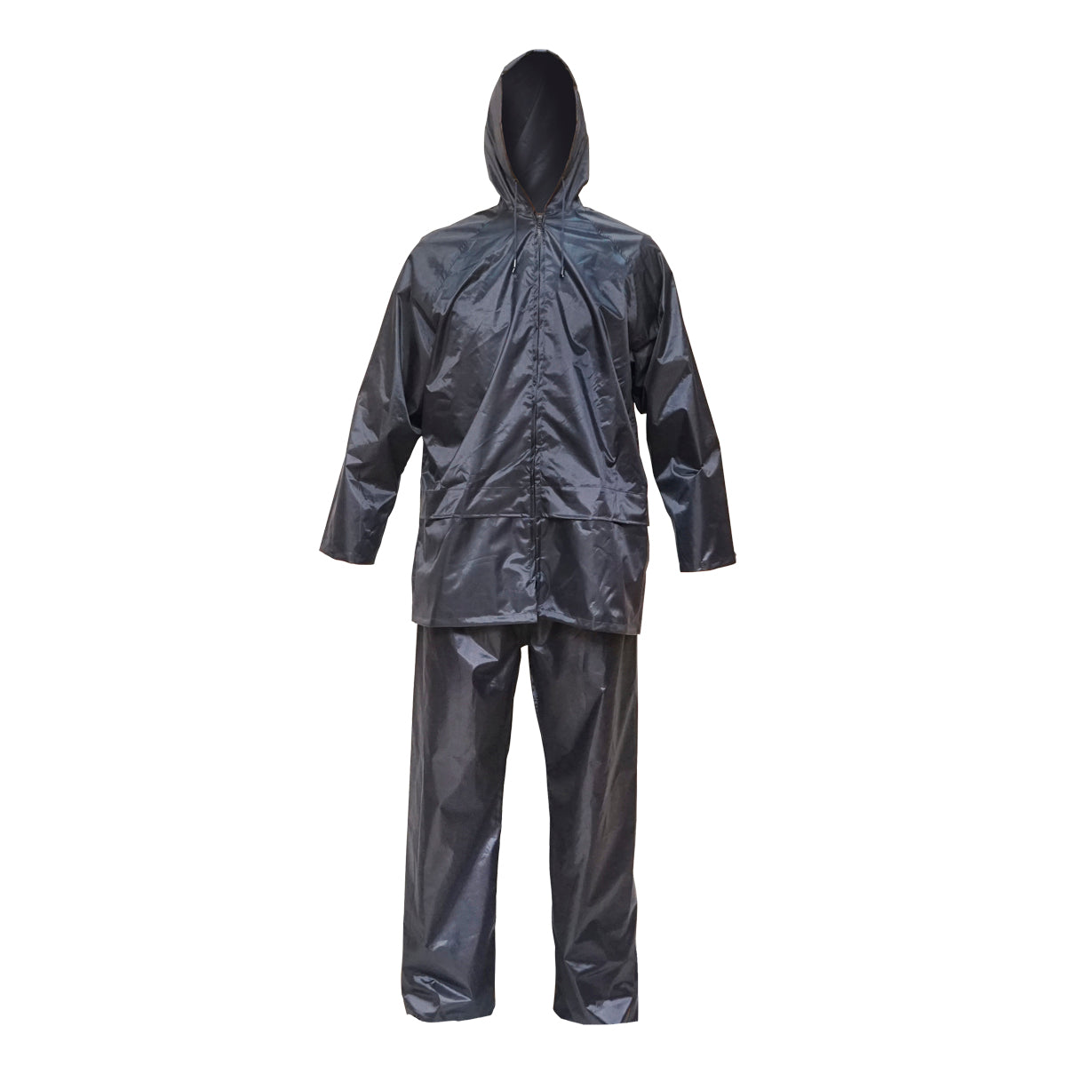 Completo impermeabile taglia XL con cappuccio e pantaloni in poliestere e PVC, blu navy Breckner Germany.