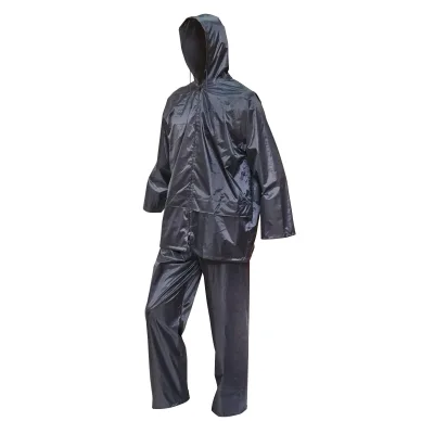 Completo impermeabile taglia XL con cappuccio e pantaloni in poliestere e PVC, blu navy Breckner Germany. - immagine 2