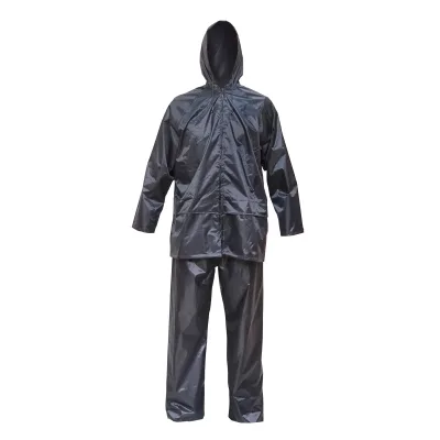 Completo impermeabile taglia XXL con cappuccio e pantaloni in poliestere e PVC, blu navy Breckner Germany.