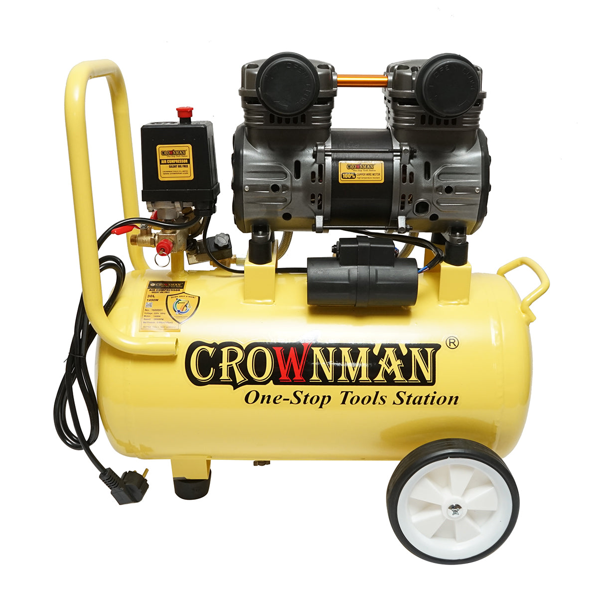 Compressore d'aria silenzioso oil-free da 30 litri, potenza motore 1,5 kW/2 CV, pressione massima 8 bar, volume di aspirazione aria 130 l/min Crownman