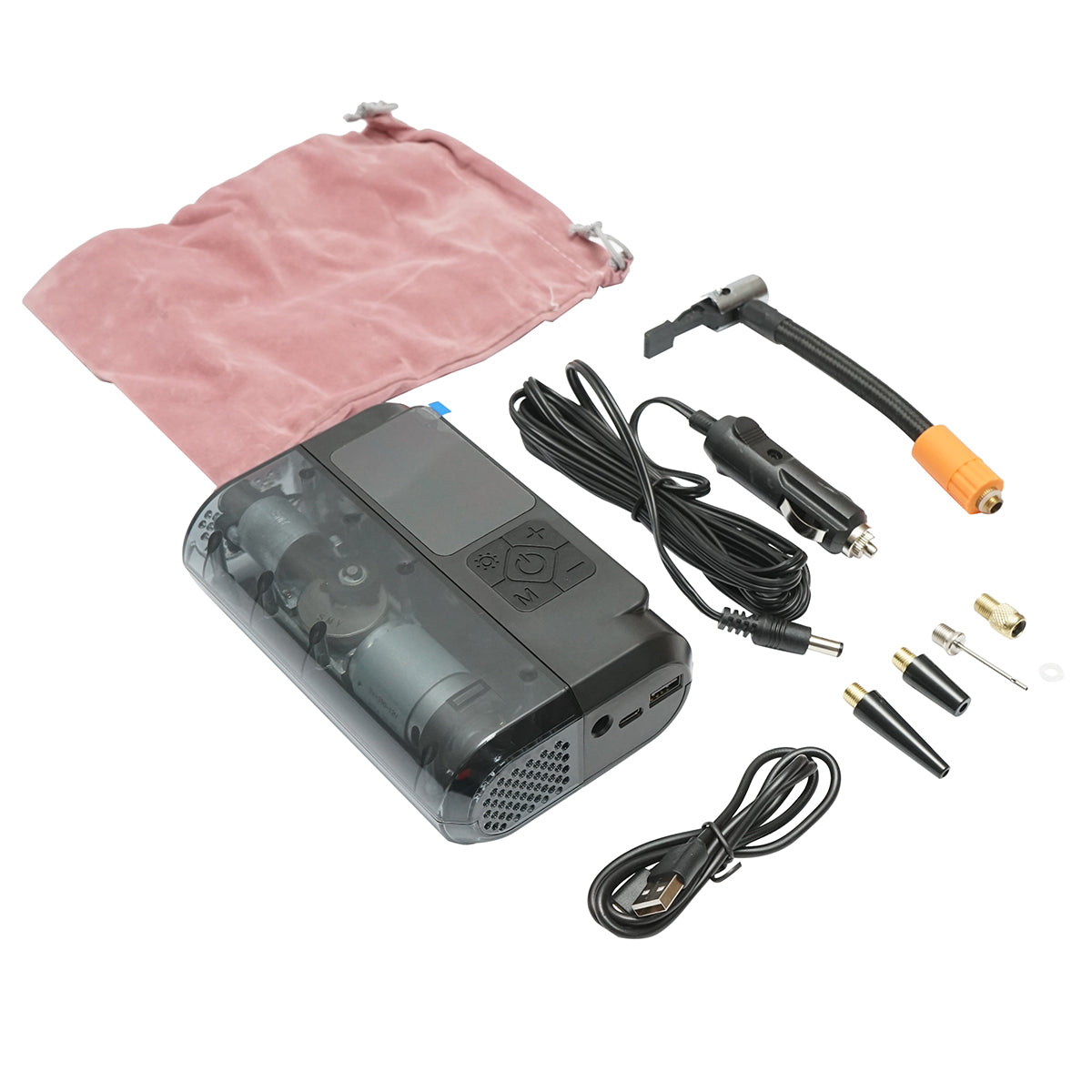 Compressore d’aria smart portatile digitale LED 12V/100W, USB-C 5V/2A, batteria 3x2000mAh, torcia LED, porte USB/USB-C, batteria esterna, accessori inclusi