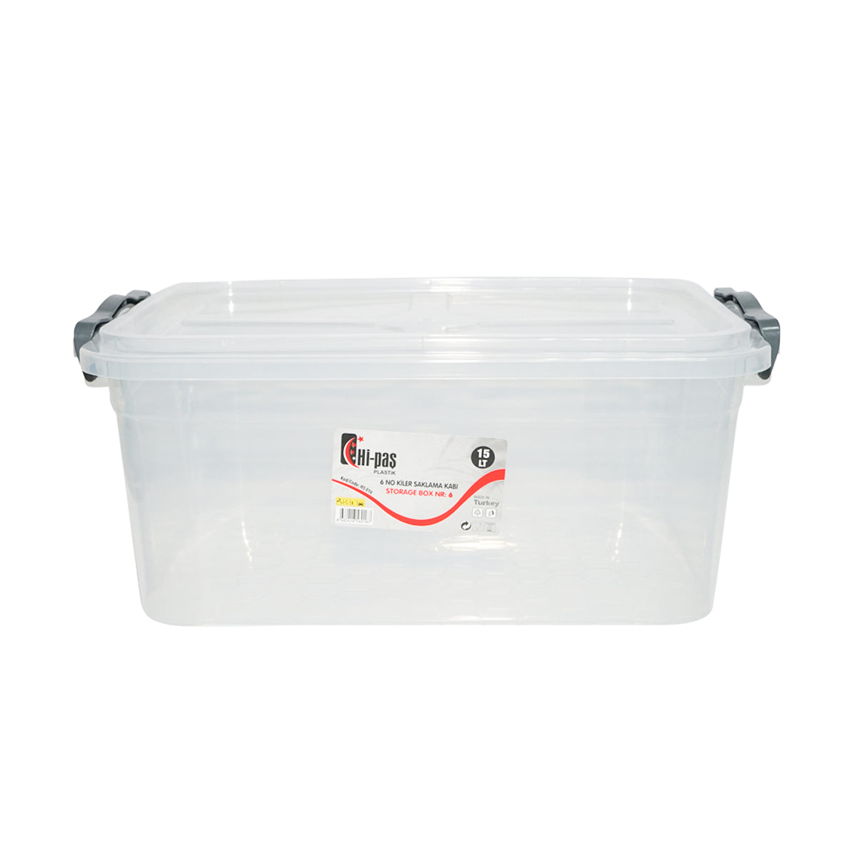 Contenitore da 15 litri con coperchio in plastica trasparente, dimensioni 280x430x175 mm.