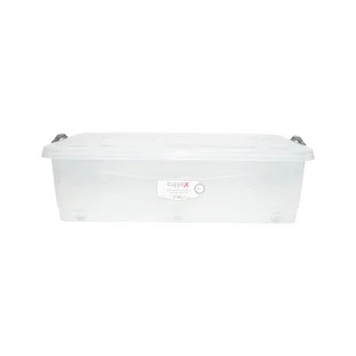 Contenitore da 40 litri con coperchio e ruote, in plastica trasparente, dimensioni 725x470x200 mm.