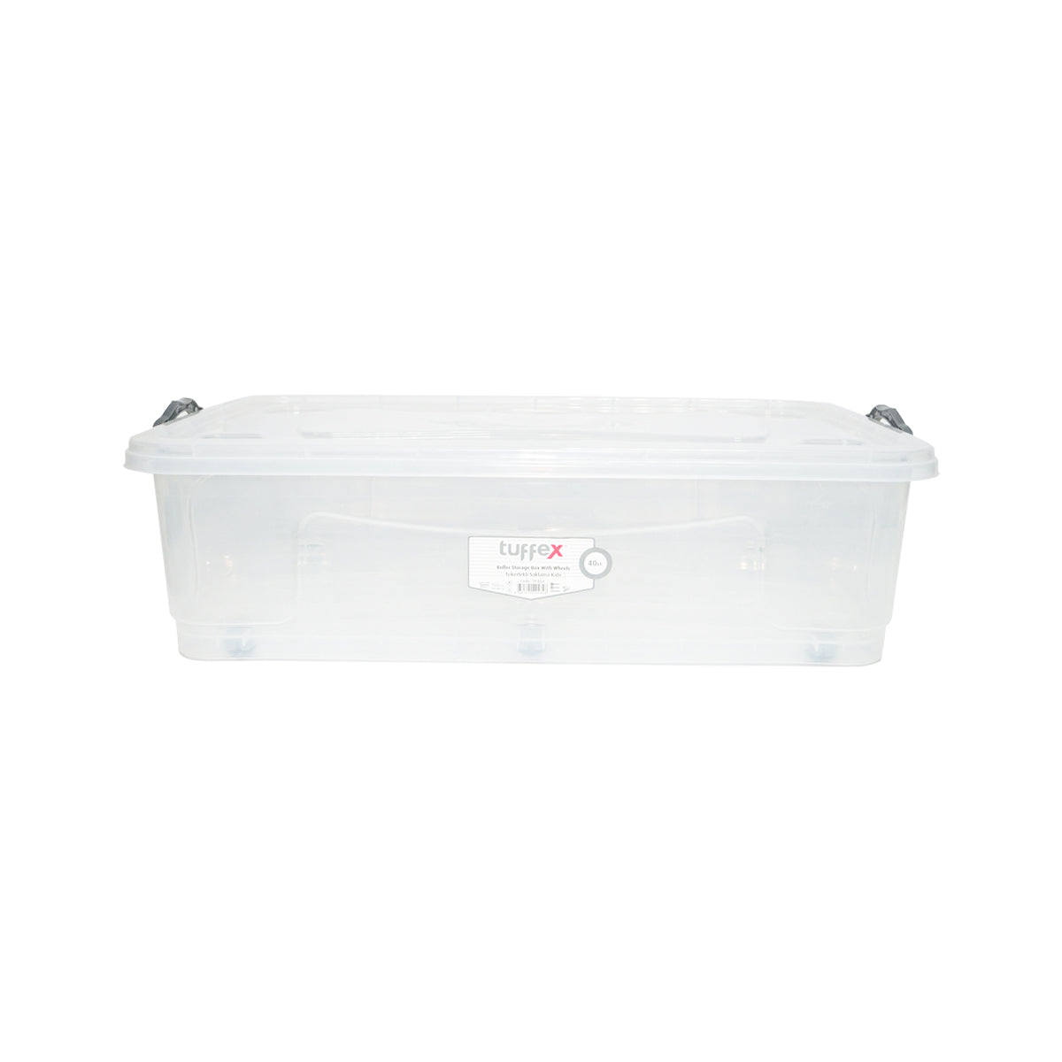 Contenitore da 40 litri con coperchio e ruote, in plastica trasparente, dimensioni 725x470x200 mm.