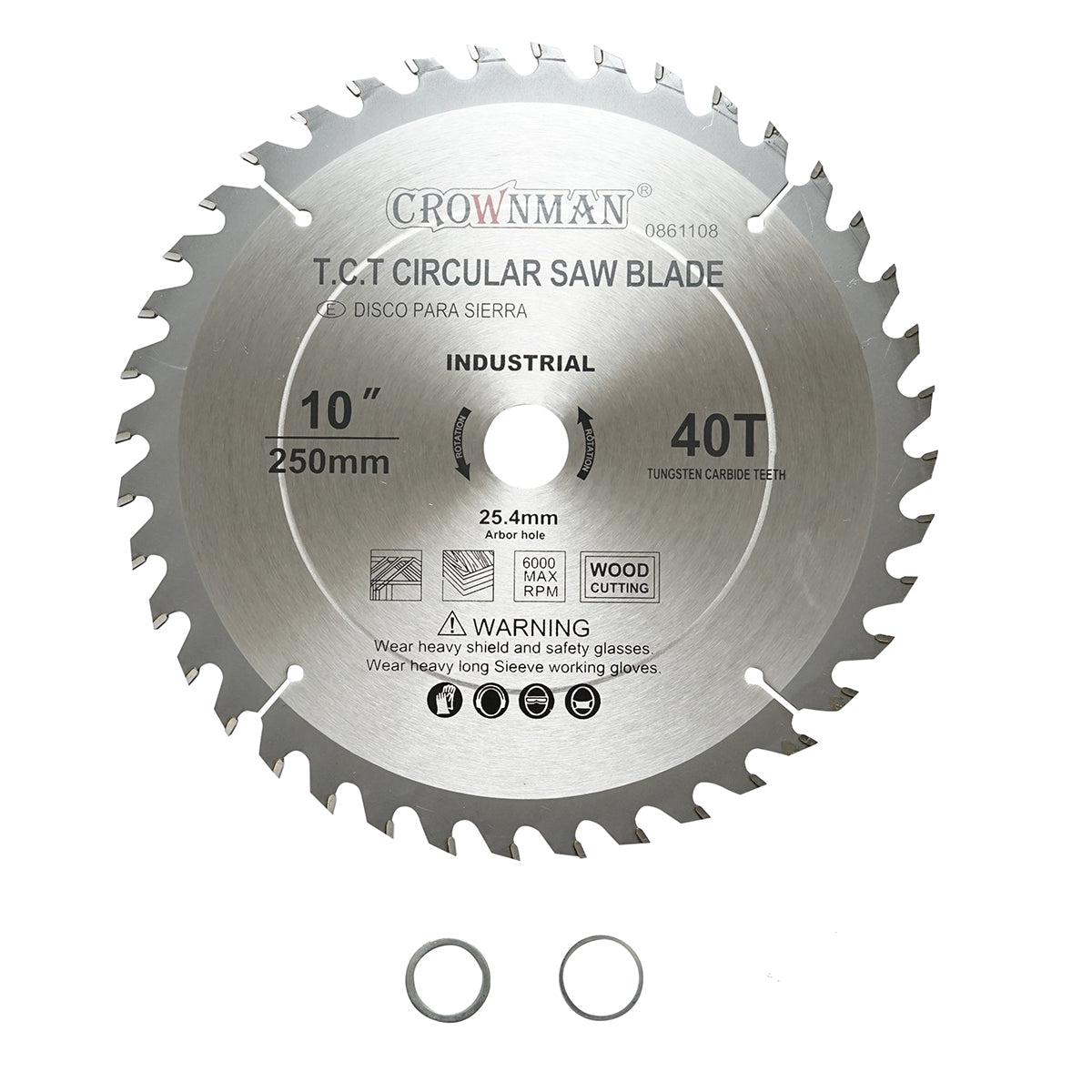 Disco circolare widia per legno, 250x25.4 mm, velocità massima 6000 giri/min, 40 denti, industriale, Crownman