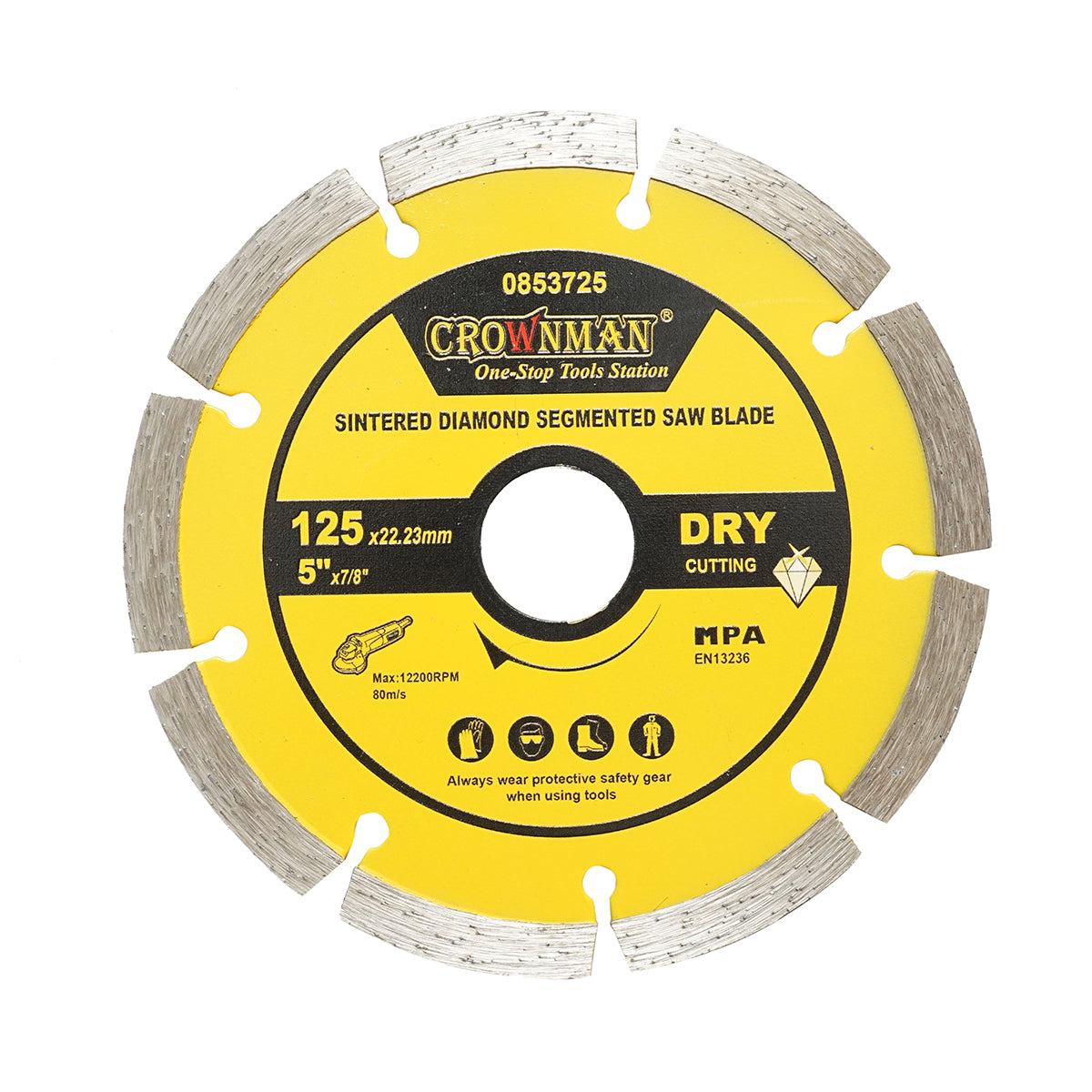 Disco diamantato segmentato 125x22,23mm, max. velocità. 12200 giri/min, taglio a secco per cemento, pietra, granito, marmo Crownman