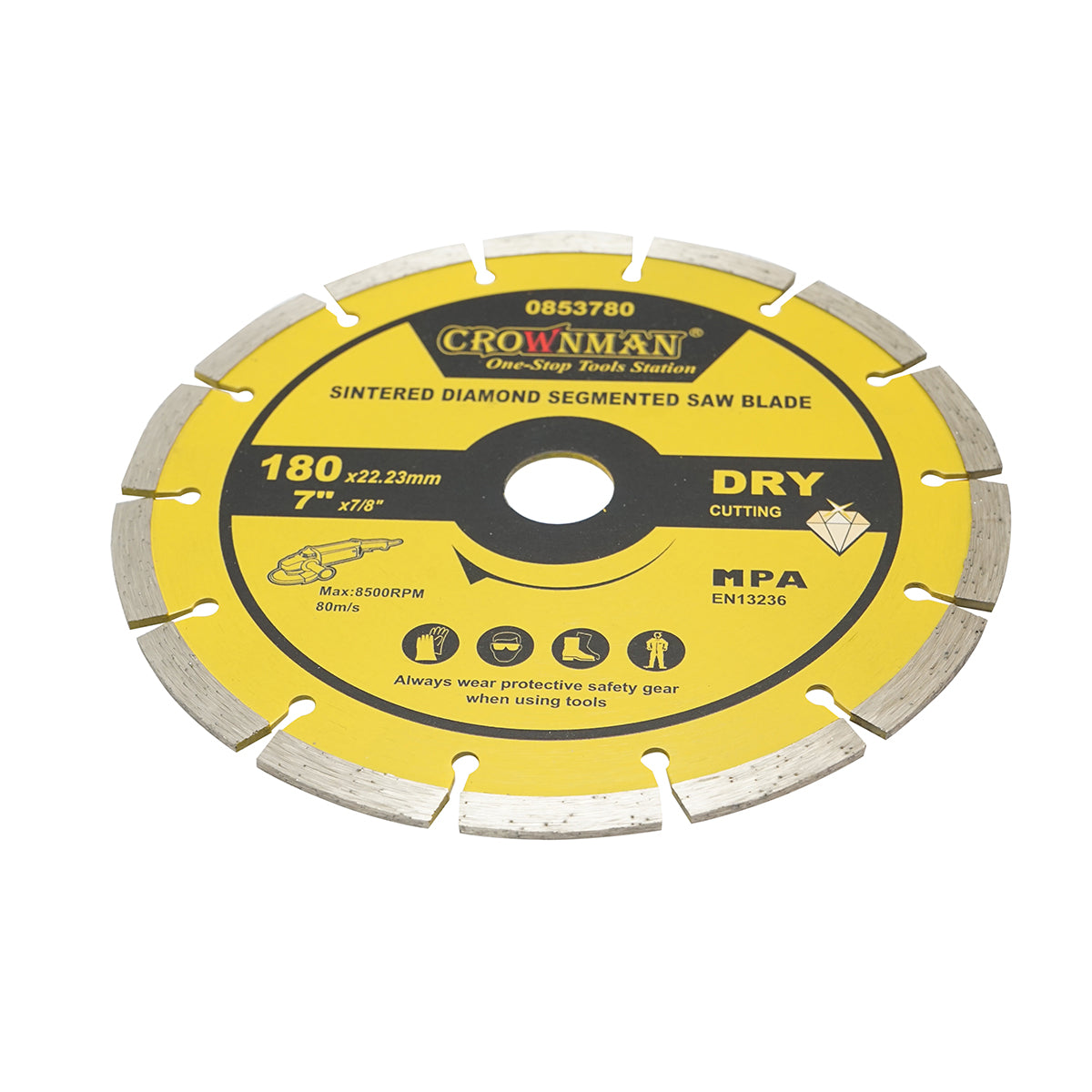 Disco diamantato segmentato 180x22,23mm, max. velocità. 8500 giri/min, taglio a secco per cemento, pietra, granito, marmo Crownman - immagine 3