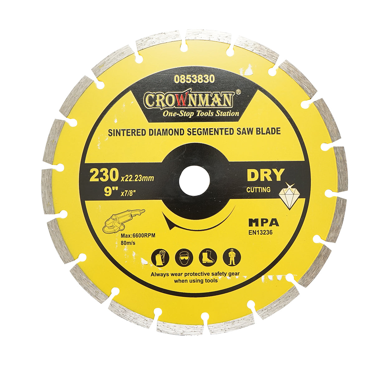 Disco diamantato segmentato 230x22,23mm, max. velocità. 6600 giri/min, taglio a secco per cemento, pietra, granito, marmo Crownman