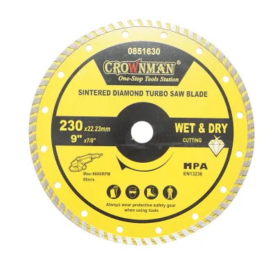 Disco diamantato sinterizzato turbo 230x22,23mm, max. velocità. 6600 giri/min, taglio a umido/a secco per pietra, arenaria, ceramica, marmo Crownman