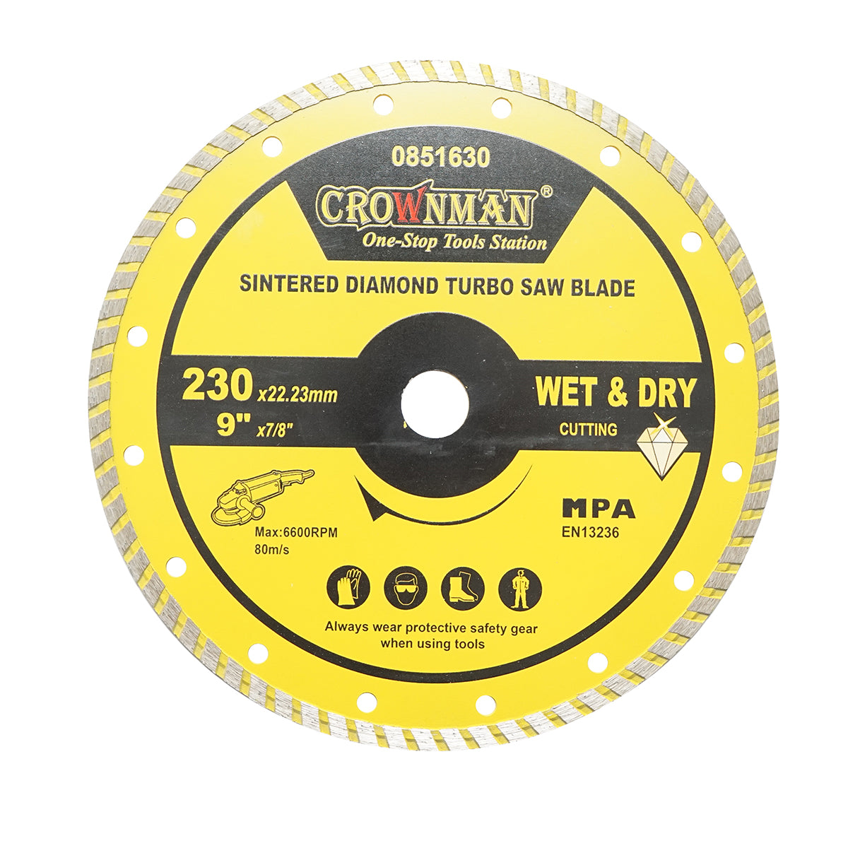 Disco diamantato sinterizzato turbo 230x22,23mm, max. velocità. 6600 giri/min, taglio a umido/a secco per pietra, arenaria, ceramica, marmo Crownman