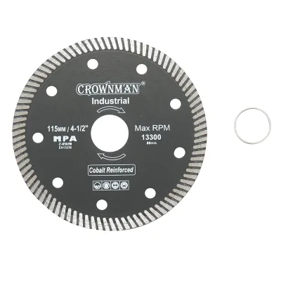 Disco diamantato turbo 115x22.23x1.35 mm, velocità massima 13.300 giri/min, taglio a umido/asciutto per pietra e piastrelle ceramiche, Crownman.