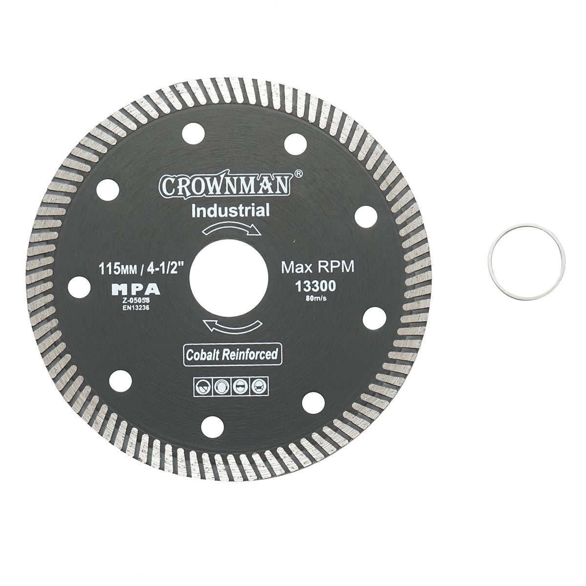 Disco diamantato turbo 115x22.23x1.35 mm, velocità massima 13.300 giri/min, taglio a umido/asciutto per pietra e piastrelle ceramiche, Crownman.