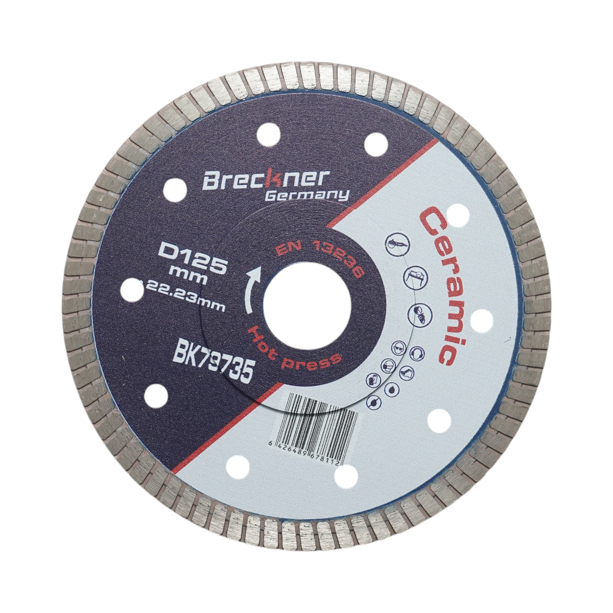 Disco diamantato turbo 125x22,23 mm, segmento 8 mm per piastrelle, maiolica, ceramica dura, marmo, granito Breckner Germany