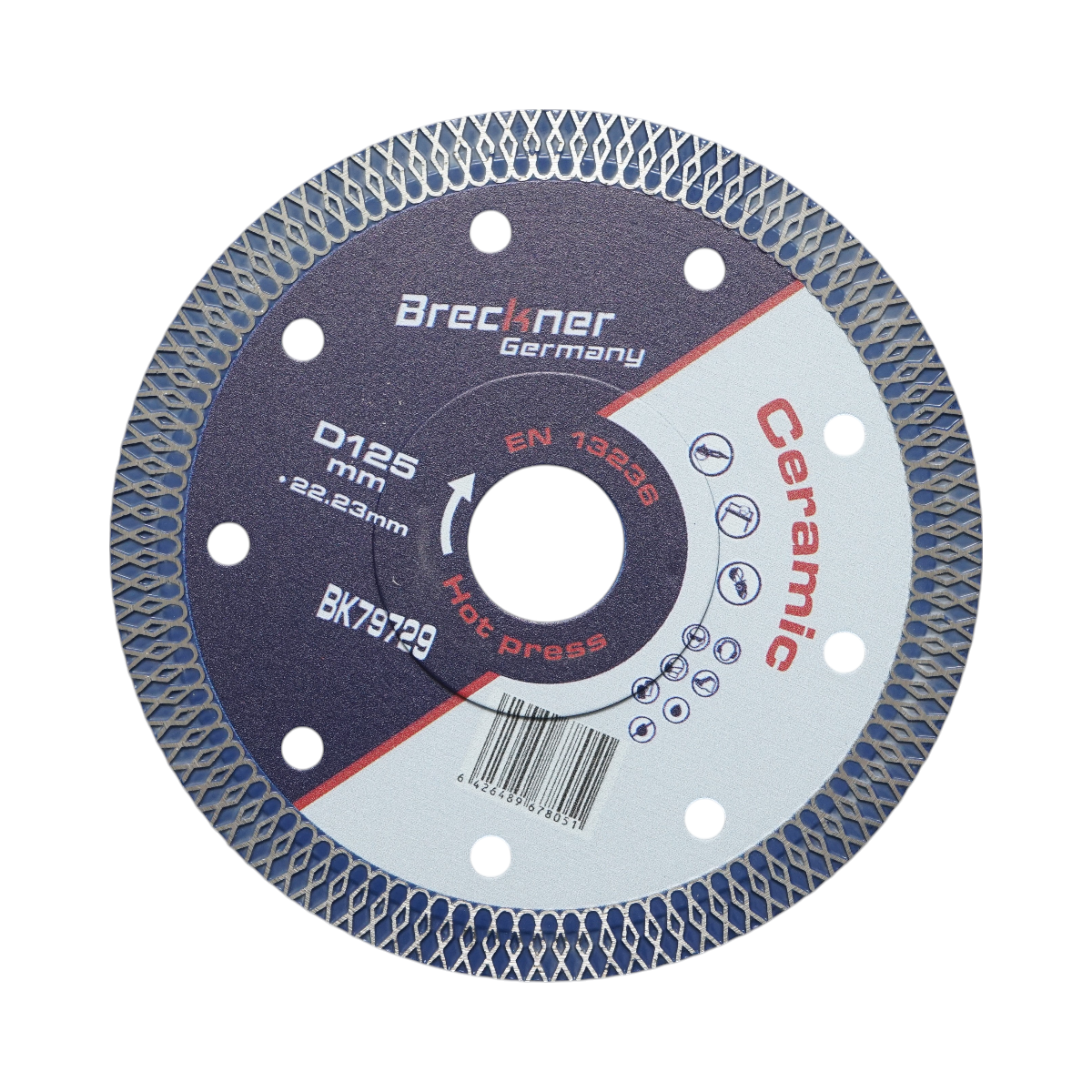 Disco diamantato turbo continuo 125x22,23 mm, segmento 10 mm per piastrelle, maiolica, ceramica dura Breckner Germany