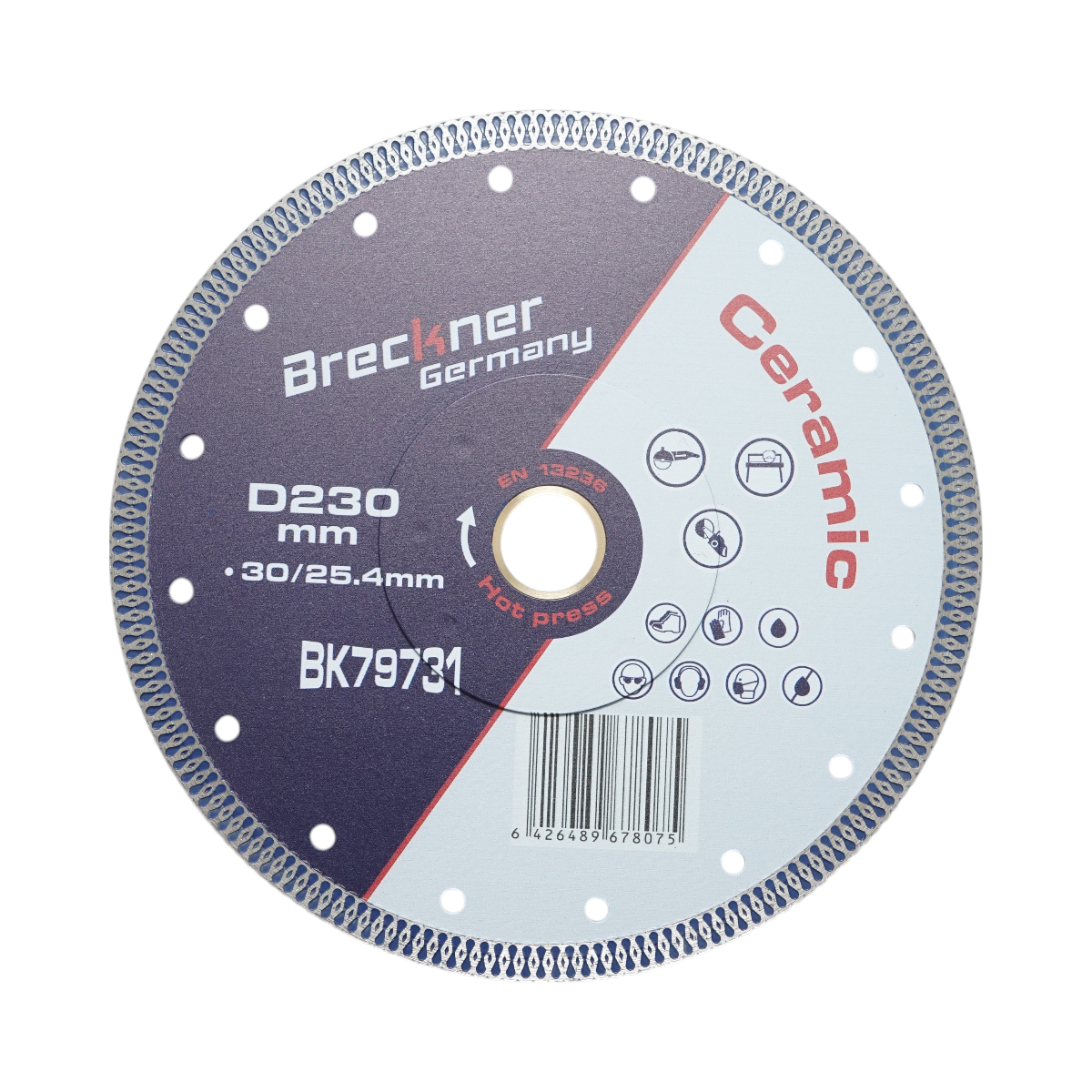 Disco diamantato turbo continuo 230x30/25,4 mm, segmento 10 mm per piastrelle, maiolica, ceramica dura Breckner Germany