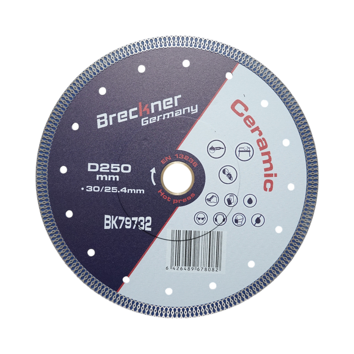 Disco diamantato turbo continuo 250x30/25,4 mm, segmento 10 mm per piastrelle, maiolica, ceramica dura Breckner Germany