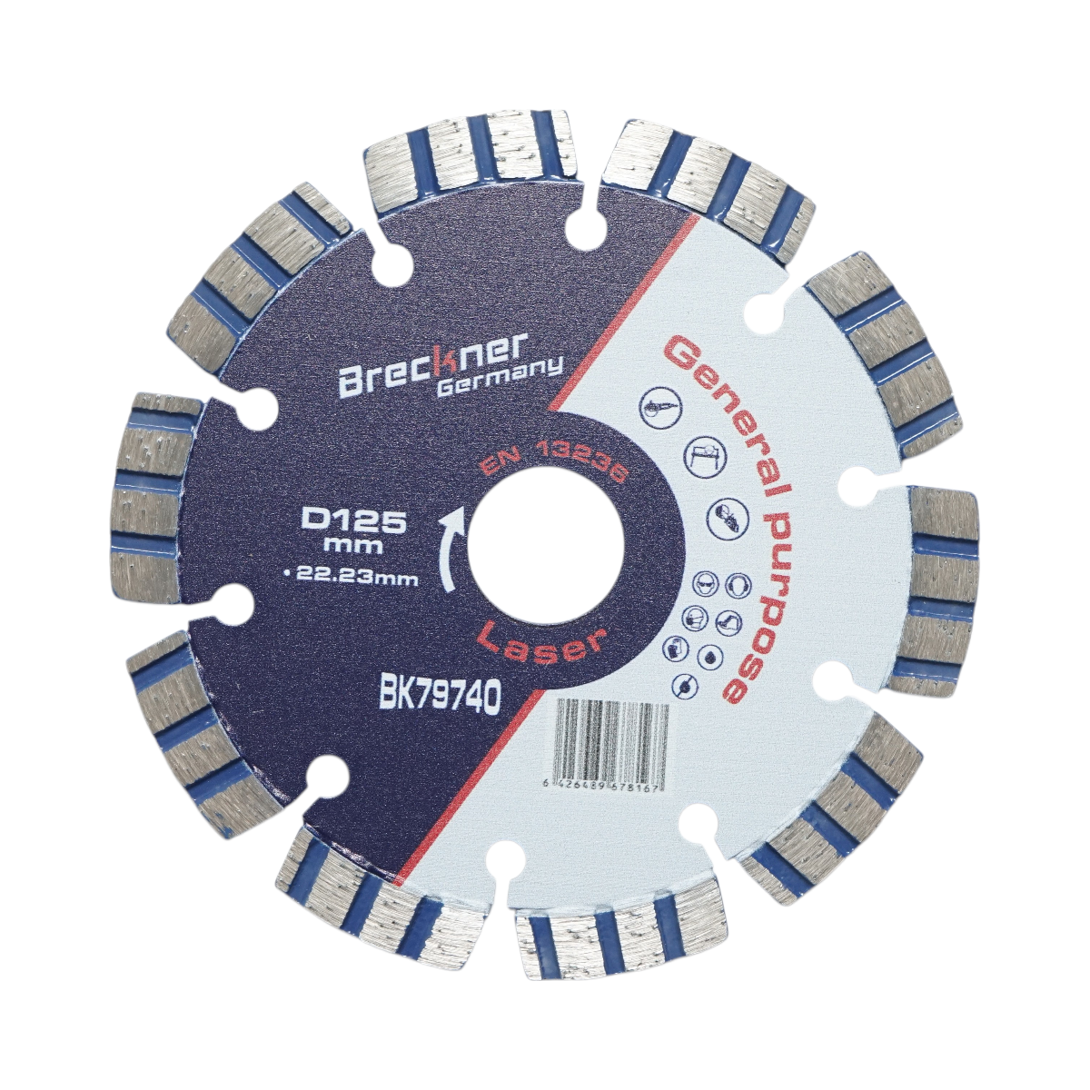 Disco diamantato turbo segmentato 125x22,23 mm, segmento 10 mm per cemento armato, pietra dura, autobloccanti Breckner Germany
