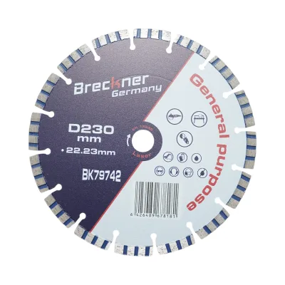 Disco diamantato turbo segmentato 230x22,23 mm, segmento 10 mm per cemento armato, pietra dura, autobloccanti Breckner Germany