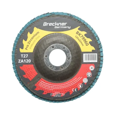 Disco lamellare abrasivo in zirconia T27 ZA120, 125x22mm per levigatura/lucidatura di metalli e acciaio inossidabile Breckner Germany