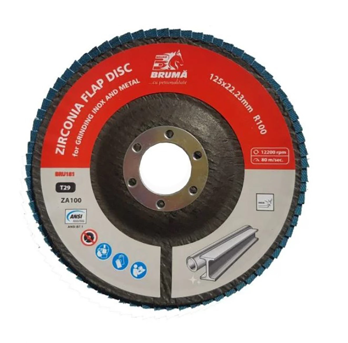 Disco lamellare abrasivo in zirconia T29 R100, 125x22,23mm per levigatura/lucidatura di metalli e acciaio inossidabile