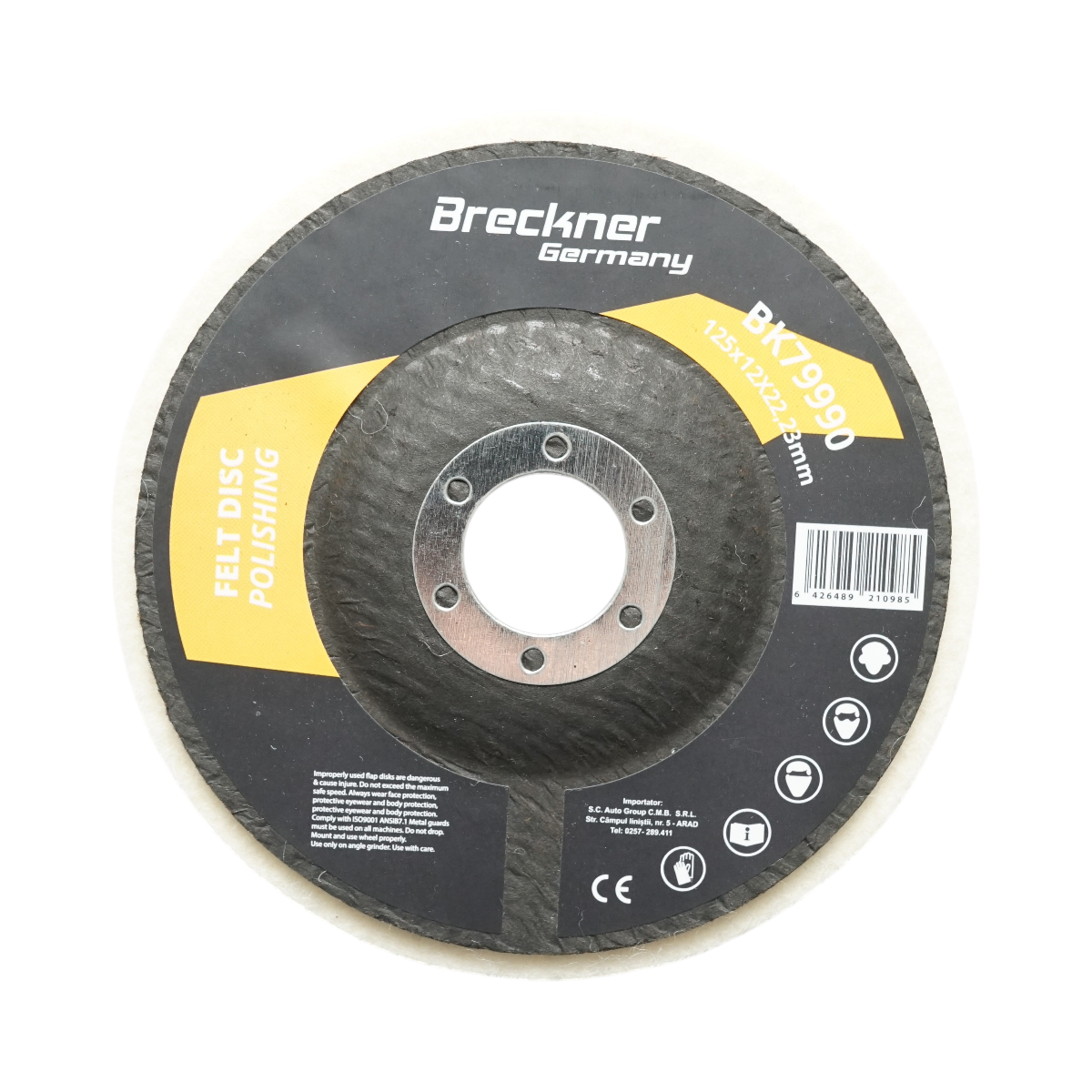 Disco lucidante in feltro 125x12x22,23 mm, per lucidatura e finitura di metalli, acciaio inossidabile e alluminio. Breckner Germany